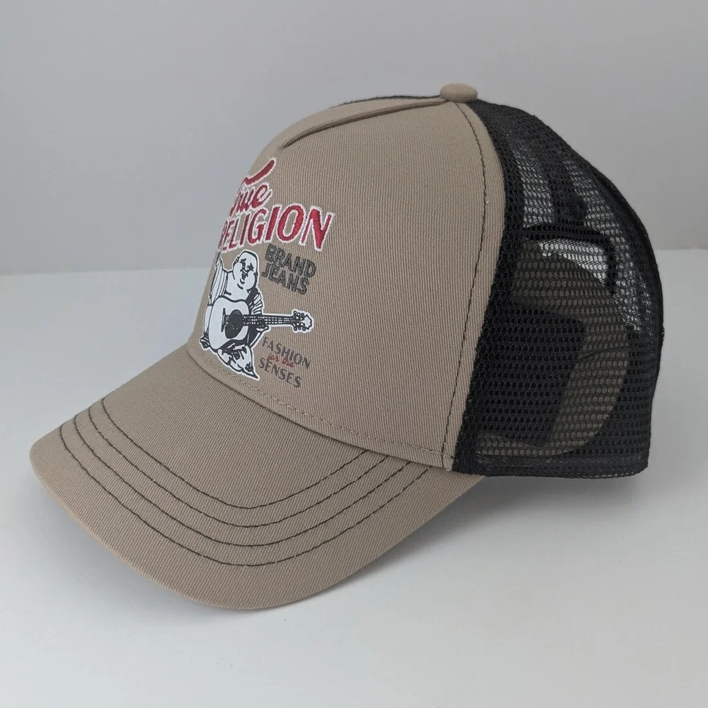 True Religion Buddha Embroidered Trucker‎ Hat Travertine Tan Black TR4241 NWT